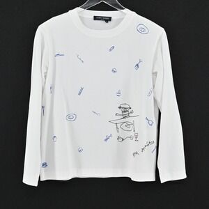 YOSHI KONDO Bon Appetit Long Sleeve Crewneck Top Womens Size S White Graphic Tee